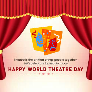 Red curtains framing theatre masks and text celebrating World Theatre Day