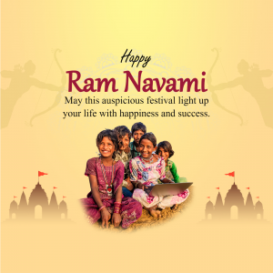 Ram Navami festival greeting with children and temple illustration
