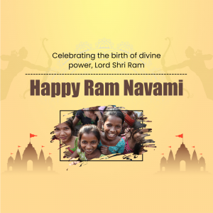 Happy Ram Navami greeting with children and temple illustration