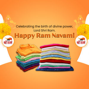 Ram Navami greeting with folded clothes and religious symbols