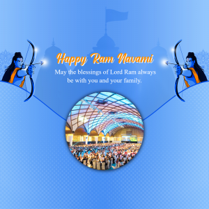 Ram Navami festival greeting with Lord Rama and a temple image