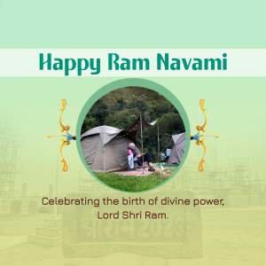 Ram Navami greeting with a scenic image and festive decorations