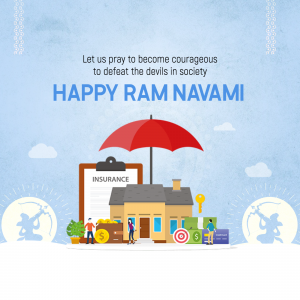 Ram Navami greeting with an umbrella protecting a house and insurance documents.
