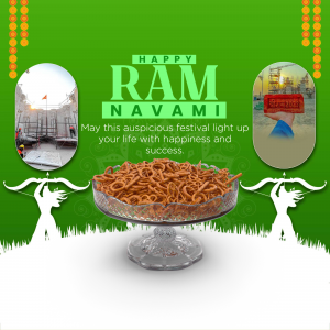 Ram Navami greeting with traditional snacks and temple imagery