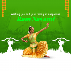 Ram Navami greeting featuring a classical Indian dancer and festive decorations.