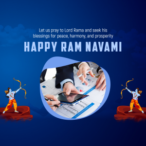 Happy Ram Navami image with people working on documents and depictions of Lord Rama.
