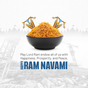 Ram Navami festive image with a bowl of snacks and Ram Darbar illustration
