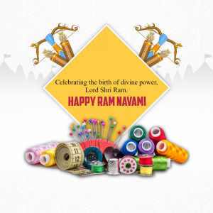 Ram Navami greeting with sewing tools and divine symbols