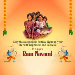 Ram Navami festival greeting with children and Lord Ram illustration