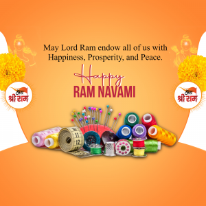 Ram Navami greeting with tailoring tools and decorations