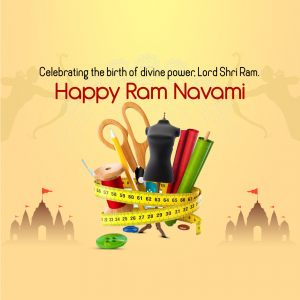 Ram Navami greeting with tailoring tools and temple silhouettes