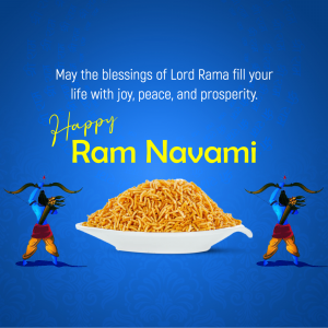 Ram Navami greeting with Lord Rama, sweets, and festive decorations