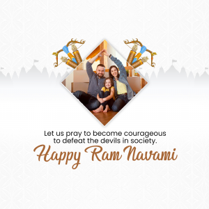 Ram Navami greeting with a family portrait and festive decorations.