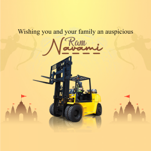 Ram Navami greeting with a yellow forklift in front of temples