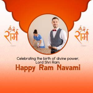 Ram Navami greeting with a man in formal wear and a woman cleaning, with religious symbols.