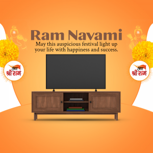 Ram Navami festival greeting with a TV and decorative elements.