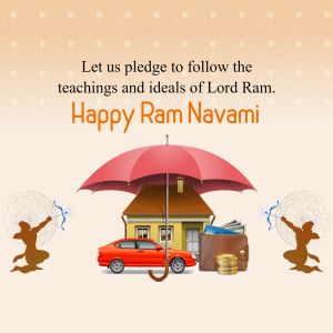 Ram Navami greeting with umbrella, house, car, and wallet
