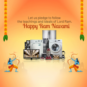 Ram Navami sale advertisement featuring appliances and depictions of Lord Ram