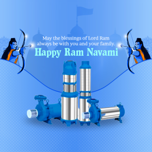 Ram Navami greeting featuring Lord Rama, Hanuman, and water pumps.