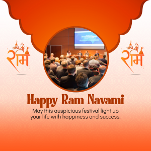 People attending a Ram Navami event with a decorative border and text.