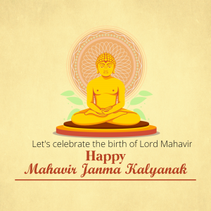 Illustration of Lord Mahavir in a meditative pose with text celebrating Mahavir Janma Kalyanak.