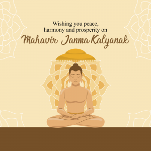 Image depicting Lord Mahavira in a meditative pose with text wishing peace, harmony, and prosperity on Mahavir Jayanti.