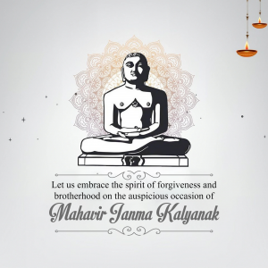 Image of Lord Mahavir in a meditative pose with a floral backdrop and text wishing Mahavir Janma Kalyanak.