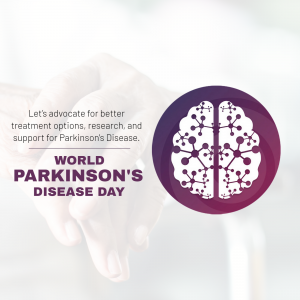 Image promoting World Parkinson's Disease Day with hands cradling a brain graphic.