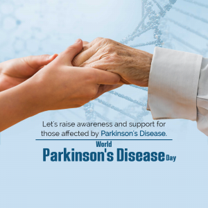 Hands holding with a DNA strand background promoting Parkinson's Disease awareness.