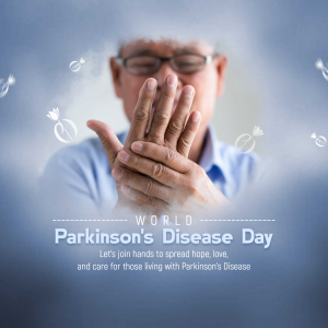 A man examining his trembling hands with a message about World Parkinson's Disease Day.