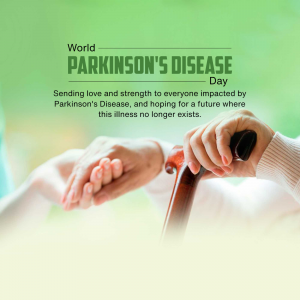 Hands holding a walking cane with text 'World Parkinson's Disease Day'