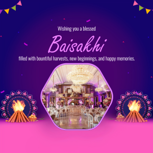 Baisakhi greeting with festive decorations and a celebration scene.