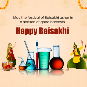 Baisakhi greeting with a blend of traditional harvest imagery and scientific equipment.