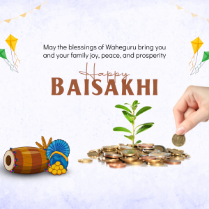 Happy Baisakhi greeting with kites, plant, coins, and traditional instruments.