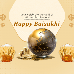 Happy Baisakhi greeting with a globe and traditional symbols