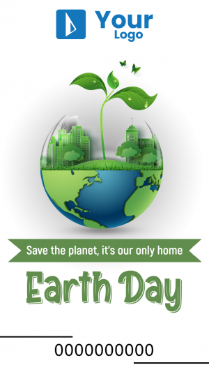Earth Day graphic with a globe, plants, and city skyline