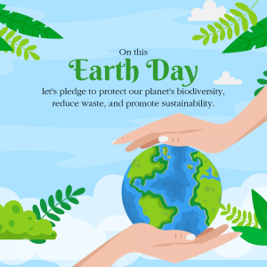 Illustration of hands cradling the Earth with green leaves and clouds, celebrating Earth Day.