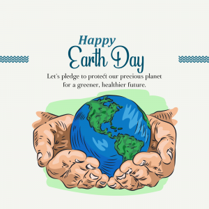 Illustration of hands cradling the Earth with the text 'Happy Earth Day'