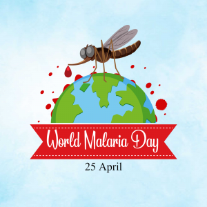 Illustration of a mosquito on a globe with blood droplets and a World Malaria Day banner.