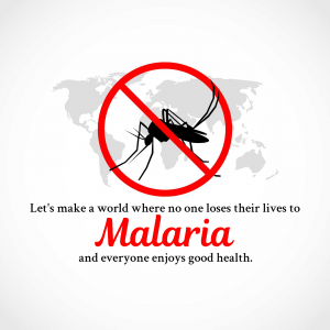 A graphic depicting a mosquito inside a red prohibition sign with a world map in the background, promoting malaria awareness.