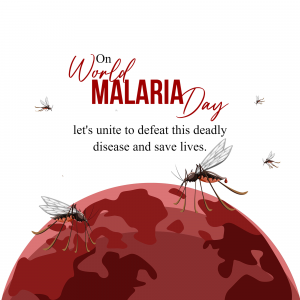 World Malaria Day graphic with mosquitoes and a red globe