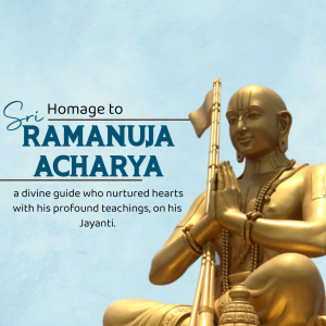 Golden statue of Sri Ramanujacharya with text 'Homage to Sri Ramanujacharya'