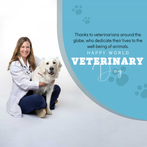 A veterinarian kneeling and hugging a dog with text celebrating Veterinary Day.