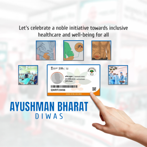 Ayushman Bharat Diwas promotional image with healthcare icons and a QR code.