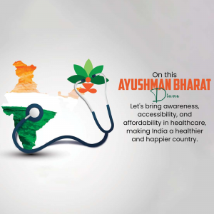 Ayushman Bharat Diwas image with Indian flag, stethoscope, and text promoting healthcare accessibility.