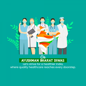 Illustration of healthcare workers with the Indian flag and Ayushman Bharat Diwas message.