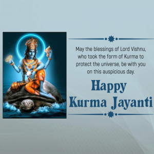 Image depicting Lord Vishnu in his Kurma avatar with a festive greeting for Kurma Jayanti.