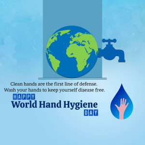 Illustration of a globe with a water droplet and faucet, promoting hand hygiene.