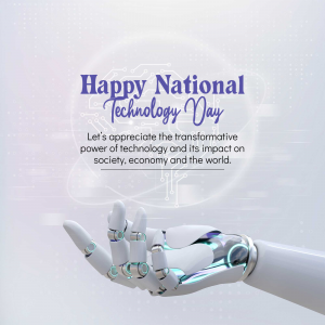 Robotic hand holding a glowing sphere with circuit board background for National Technology Day