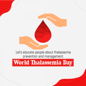 Hands holding a blood drop with text promoting thalassemia awareness